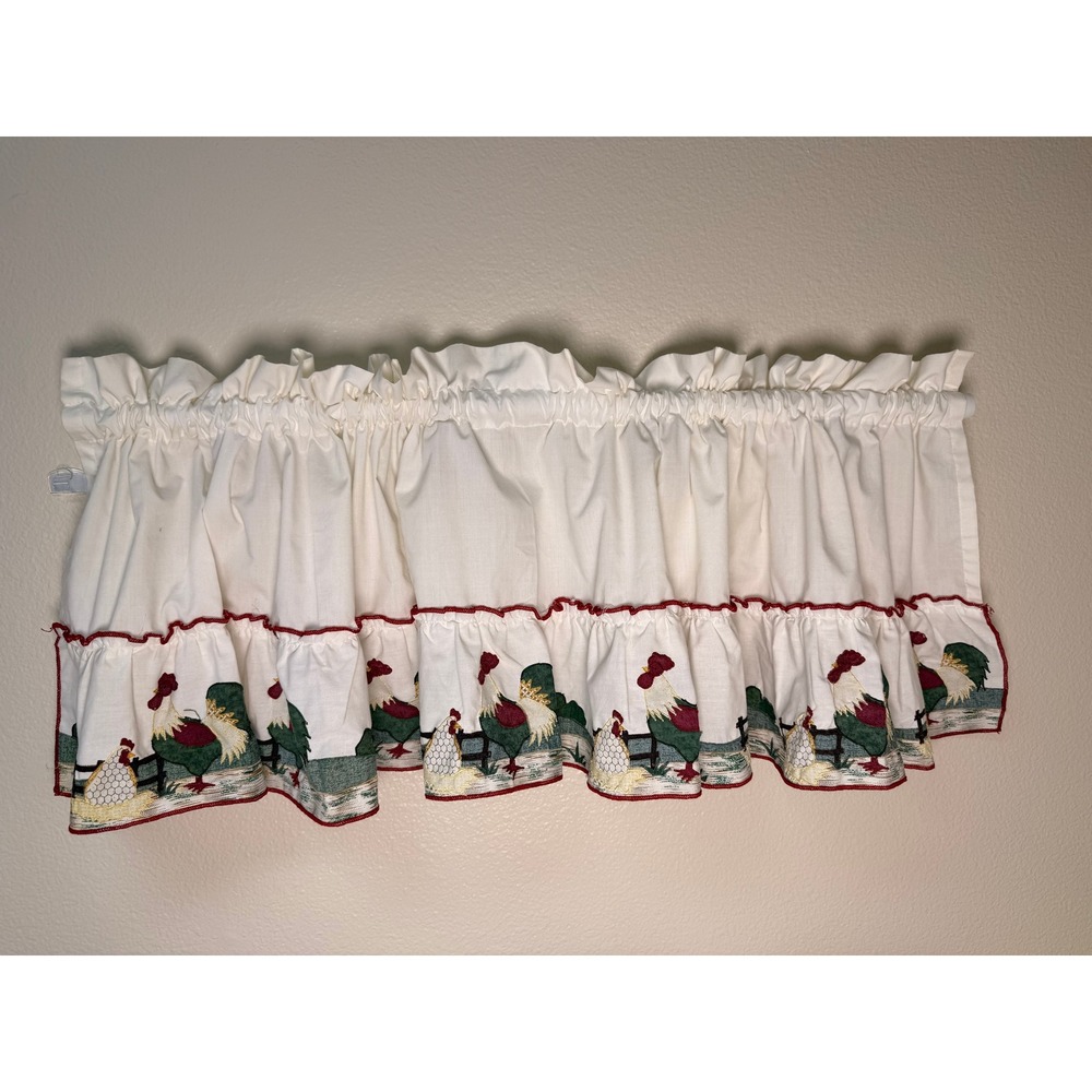 Embroidered Hen and Rooster Window Valance 60x14 Cream Cottagecore Farmhouse